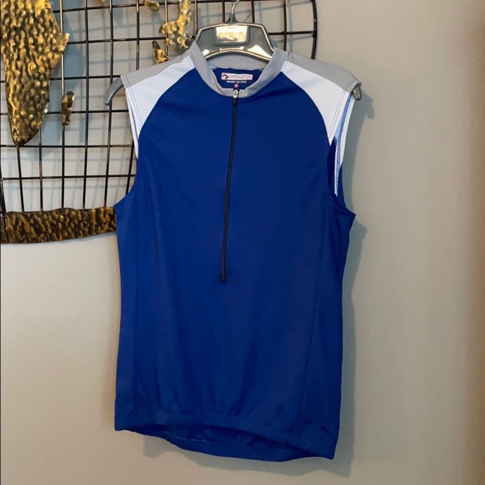Blue sleeveless half zip cycling shirt